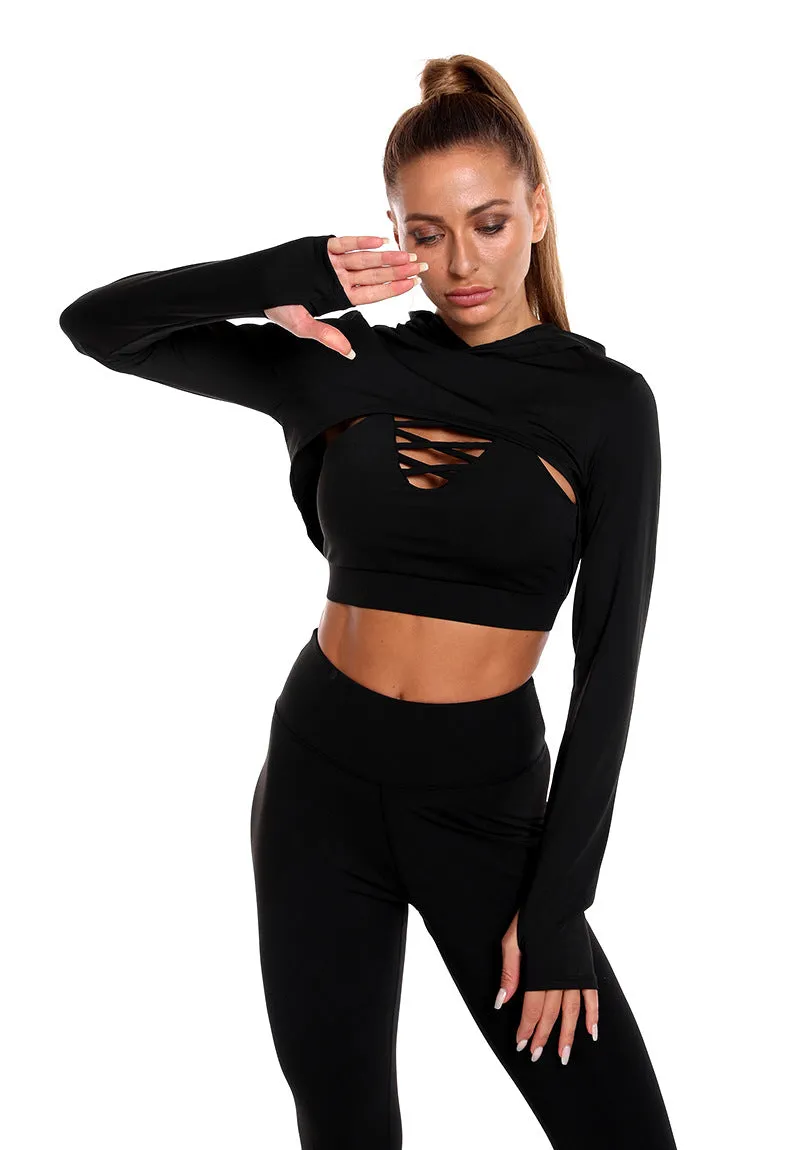 3pcs Sports Suits Long Sleeve Hooded Top Hollow Design Camisole And Butt Lifting High Waist Seamless Fitness Leggings Sports Gym Outfits Clothing