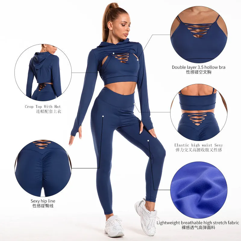 3pcs Sports Suits Long Sleeve Hooded Top Hollow Design Camisole And Butt Lifting High Waist Seamless Fitness Leggings Sports Gym Outfits Clothing