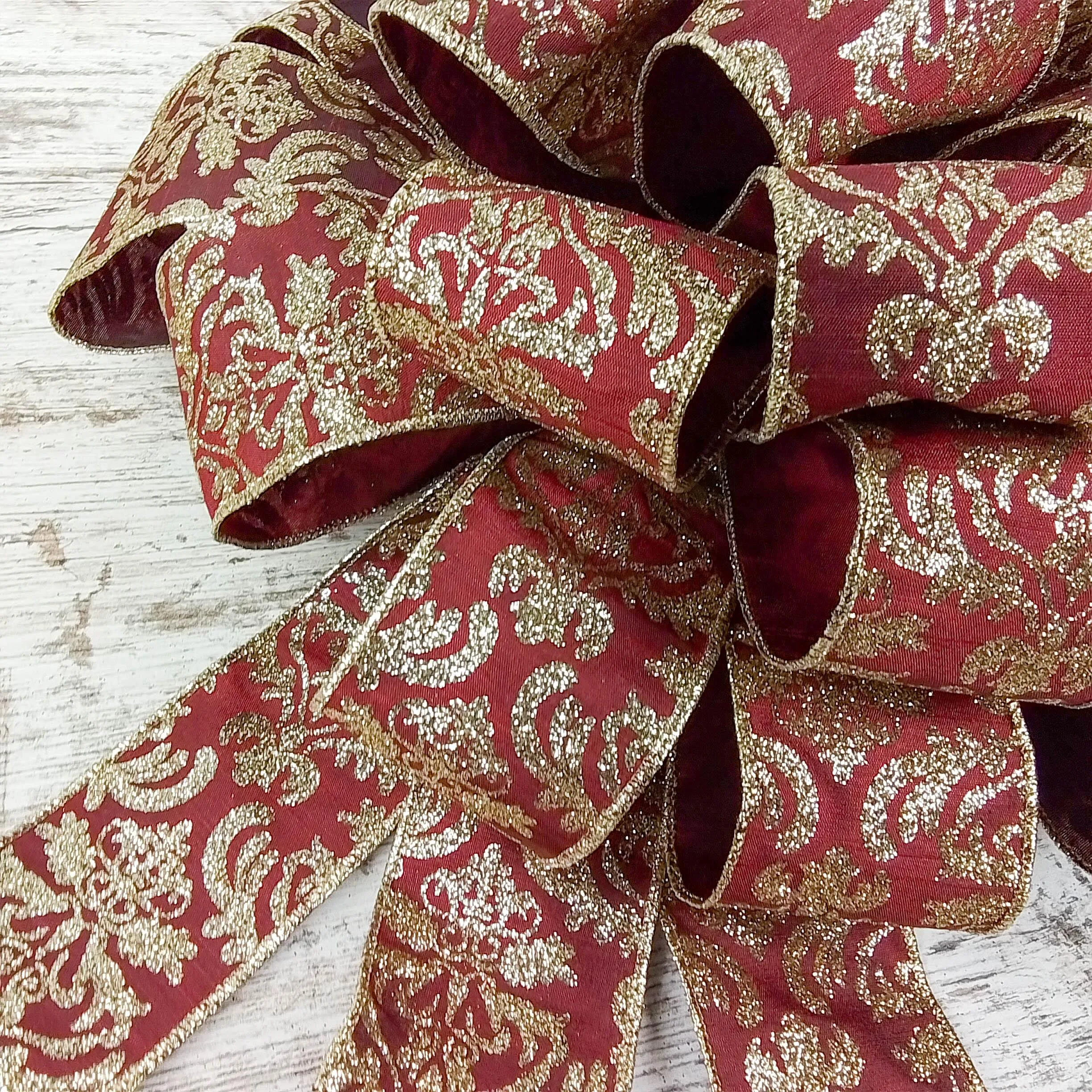 Burgundy and Gold Christmas Tree Bows - Tree Topper Bow with Streamers