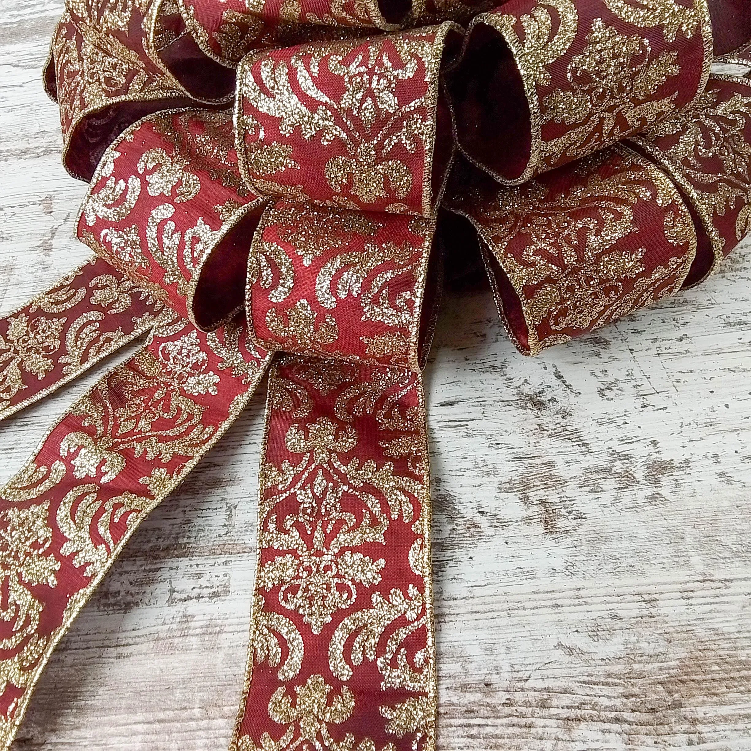 Burgundy and Gold Christmas Tree Bows - Tree Topper Bow with Streamers