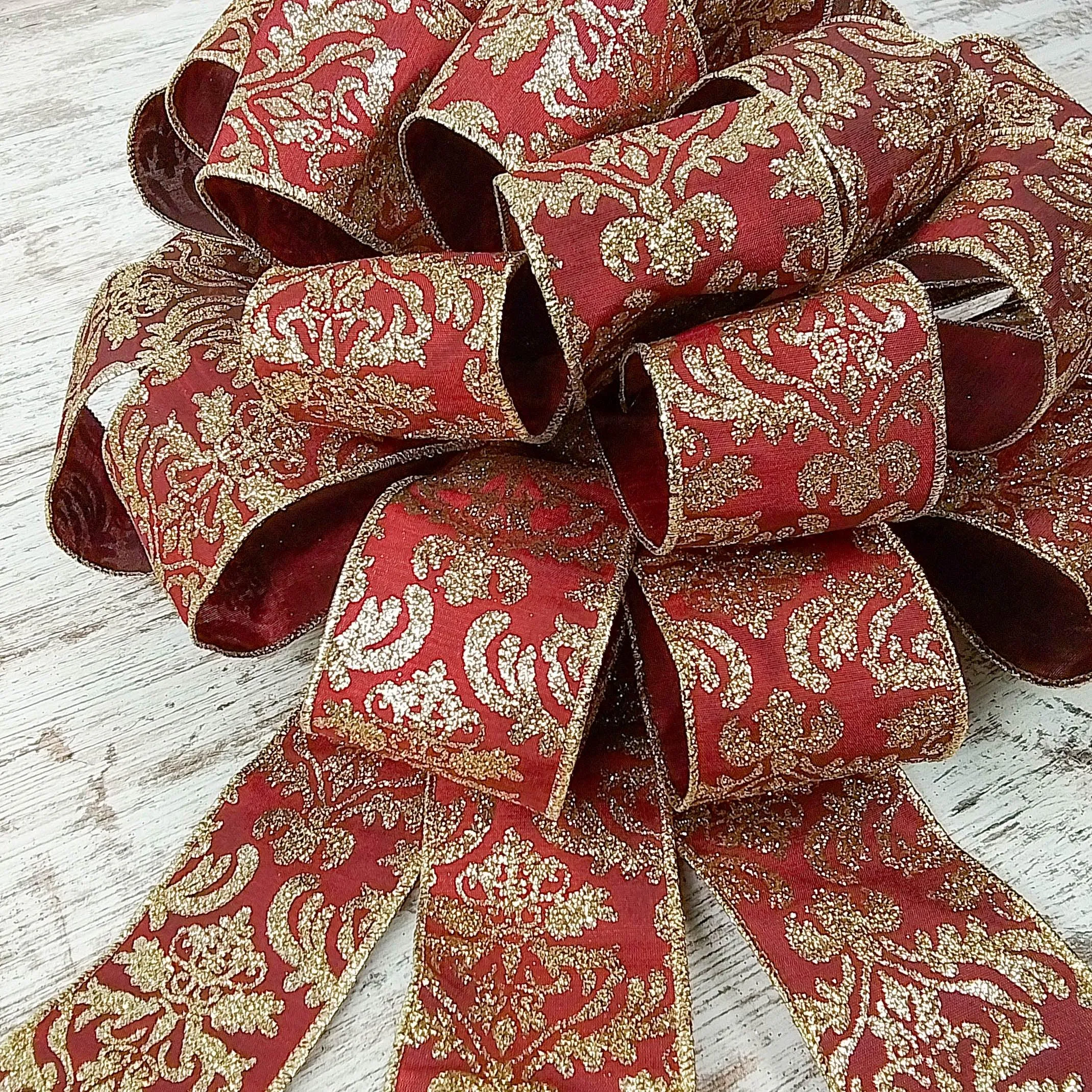 Burgundy and Gold Christmas Tree Bows - Tree Topper Bow with Streamers