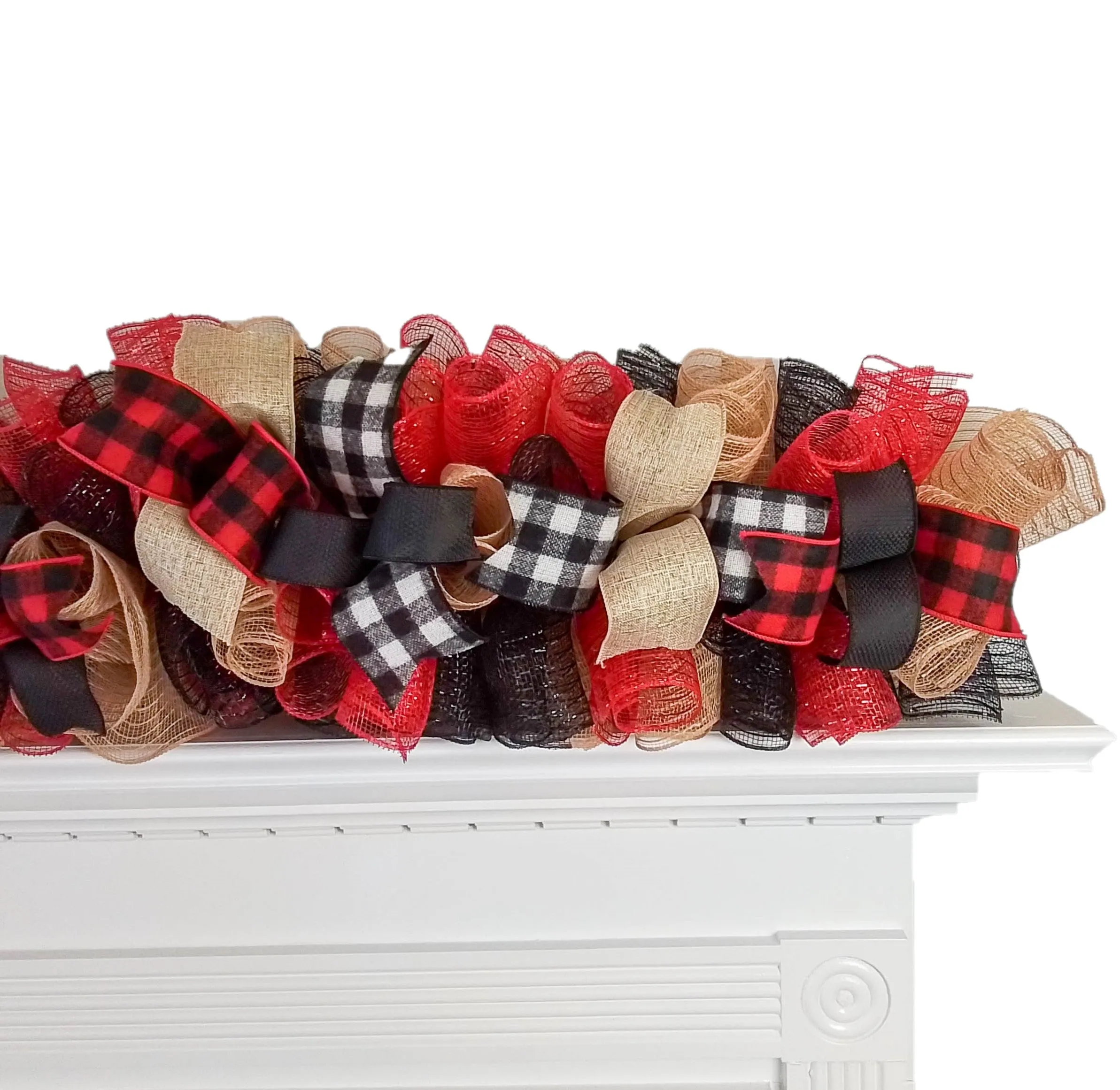 Burlap Buffalo Plaid Check White Black Red Bow | Christmas Tree Topper Bow