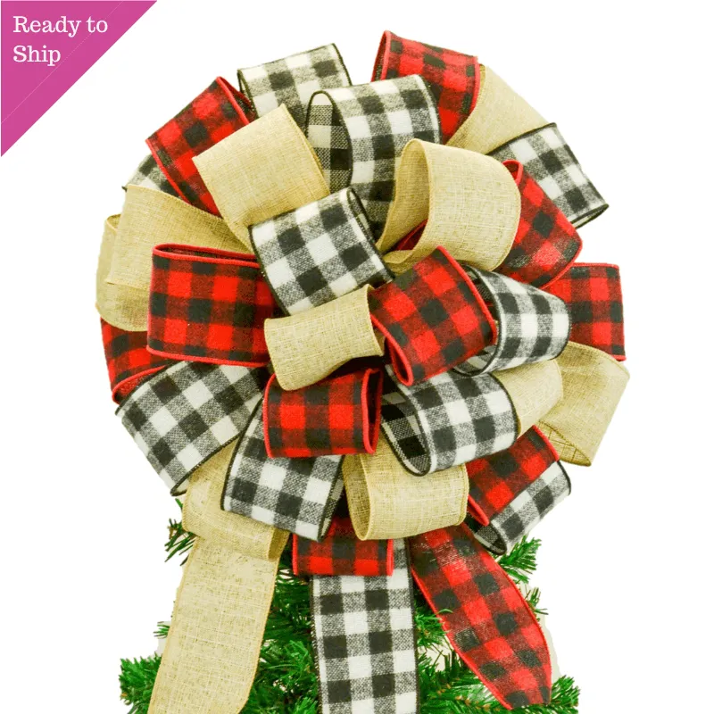 Burlap Buffalo Plaid Check White Black Red Bow | Christmas Tree Topper Bow