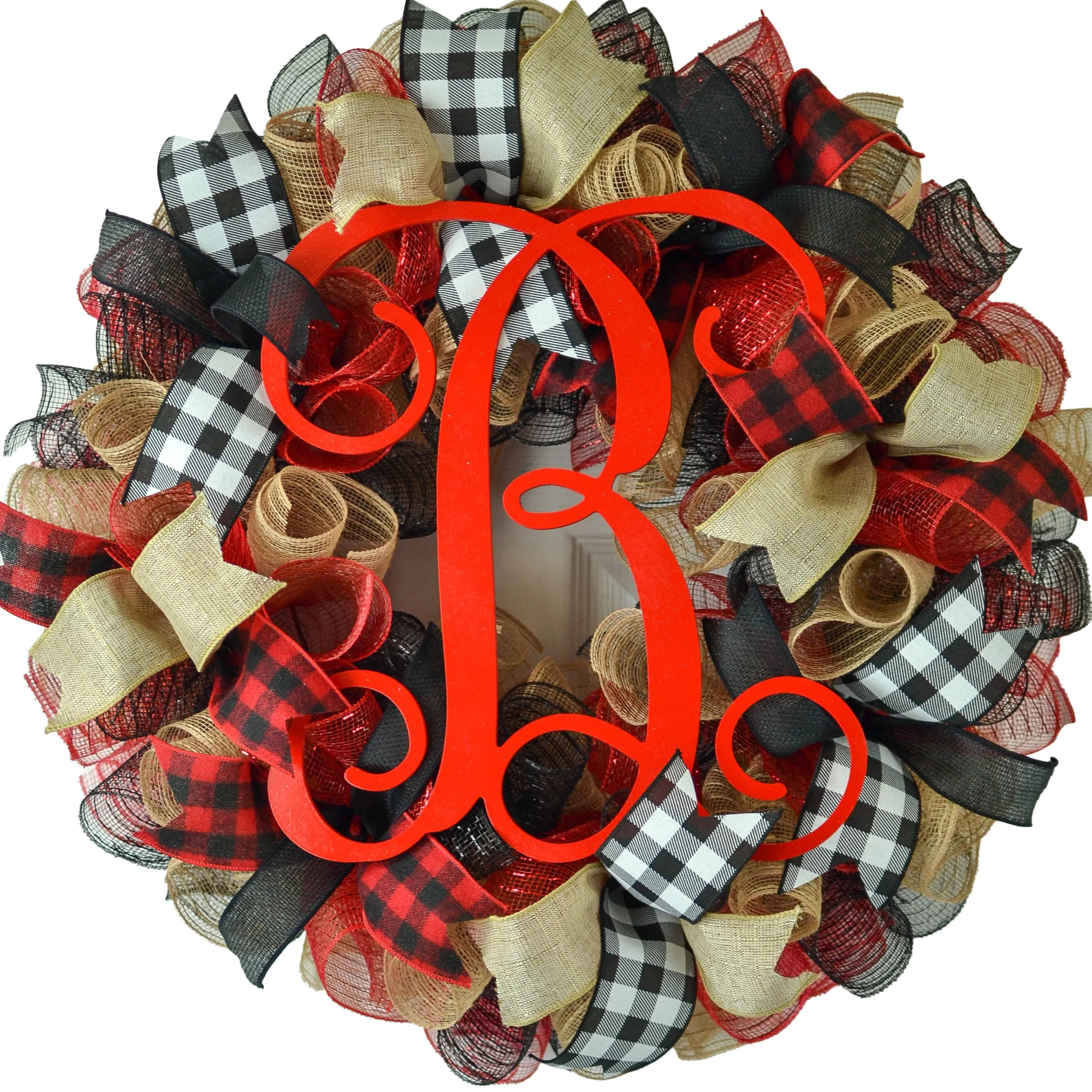 Burlap Buffalo Plaid Check White Black Red Bow | Christmas Tree Topper Bow