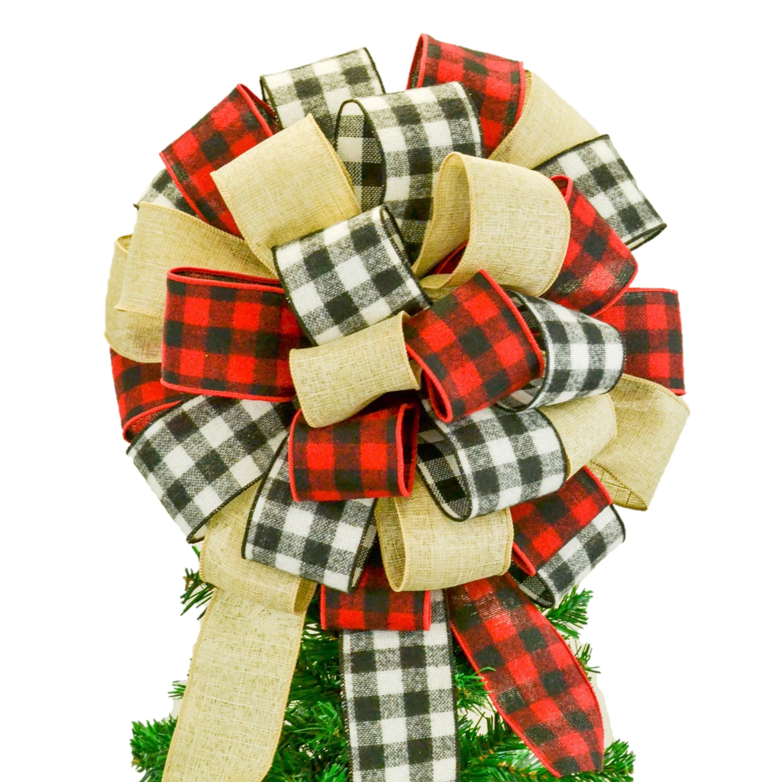 Burlap Buffalo Plaid Check White Black Red Bow | Christmas Tree Topper Bow