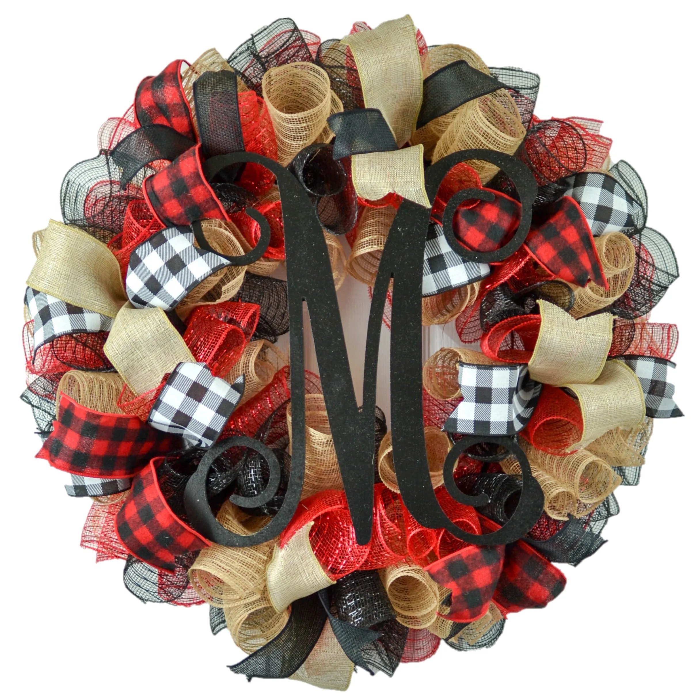 Burlap Buffalo Plaid Check White Black Red Bow | Christmas Tree Topper Bow