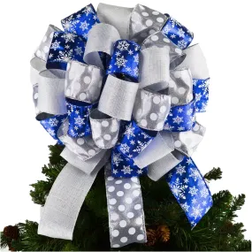 Christmas Tree Bow Topper with Tails | Winter Decor | Royal Blue Silver White