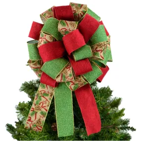 Christmas Tree Topper Bow with Holly Berries | Red Burlap Green