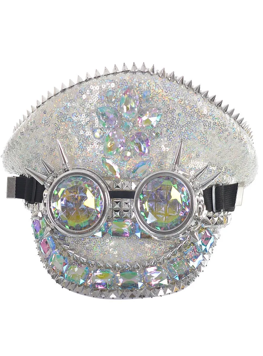 Deluxe Iridescent Silver Festival Hat with Holographic Goggles