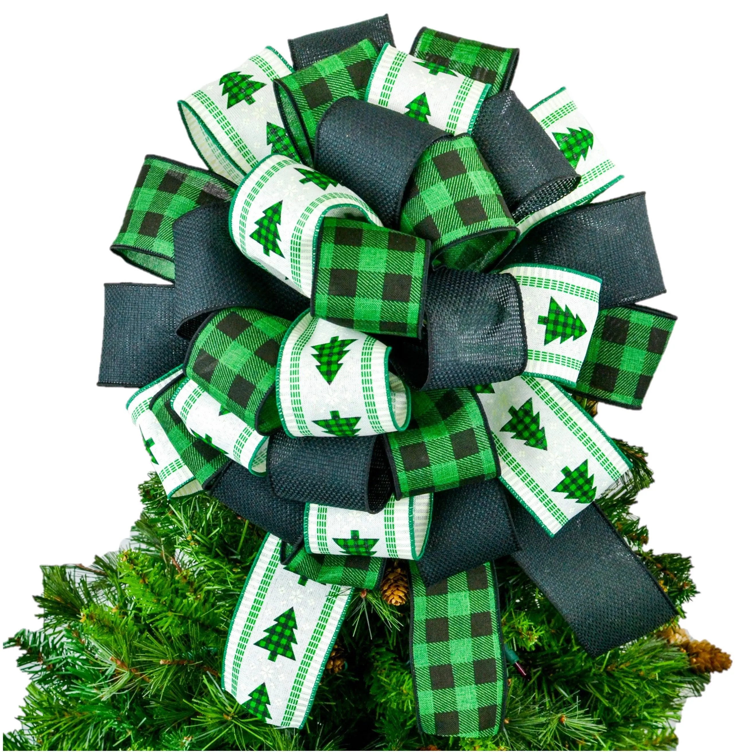 Emerald Green and Black Buffalo Plaid Christmas Farmhouse Bow - Checked Tree Topper Bow - Top of Present Bow Burlap