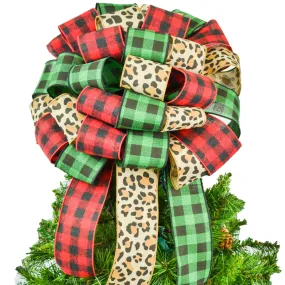 Green Black Red Brown Animal Print Burlap Buffalo Plaid Check Bow | Christmas Tree Topper Bow