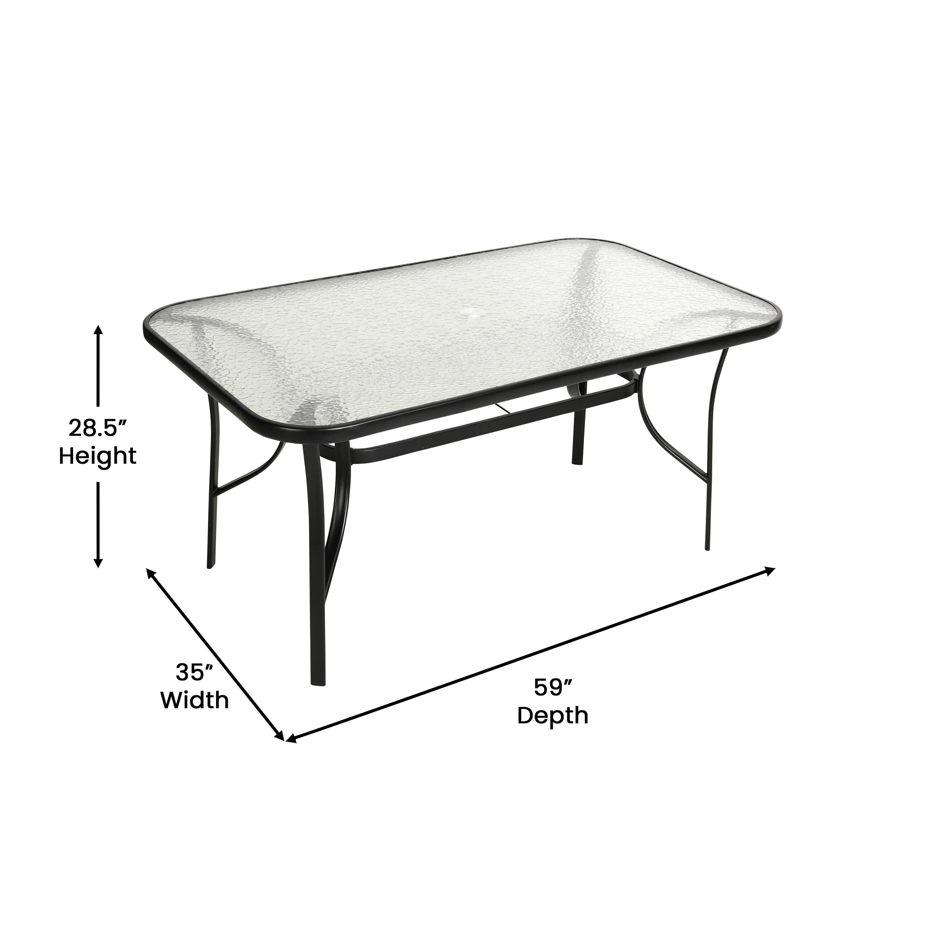 Lila 7 Piece Commercial Outdoor Patio Dining Set with Glass Patio Table, 4 Triple Slat Chairs, and 2 Triple Slat Chairs with Arms