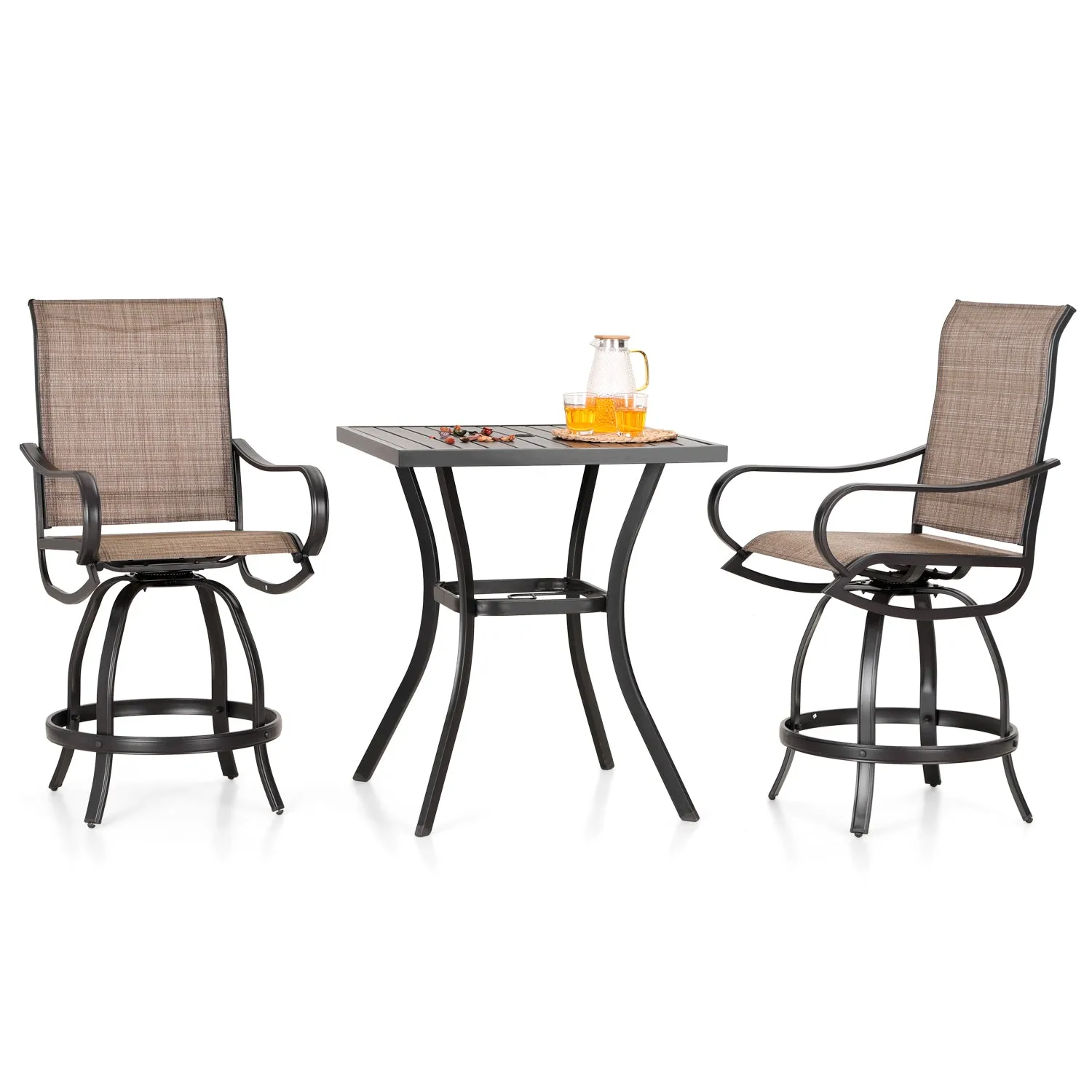 PHI VILLA 3-Piece Patio Bar Set With 2 Swivel Rattan Bar Stools & 1 Square Table