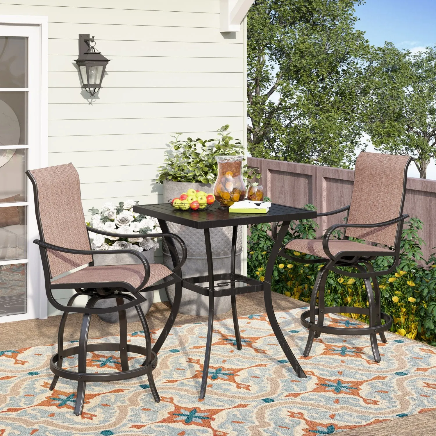 PHI VILLA 3-Piece Patio Bar Set With 2 Swivel Rattan Bar Stools & 1 Square Table