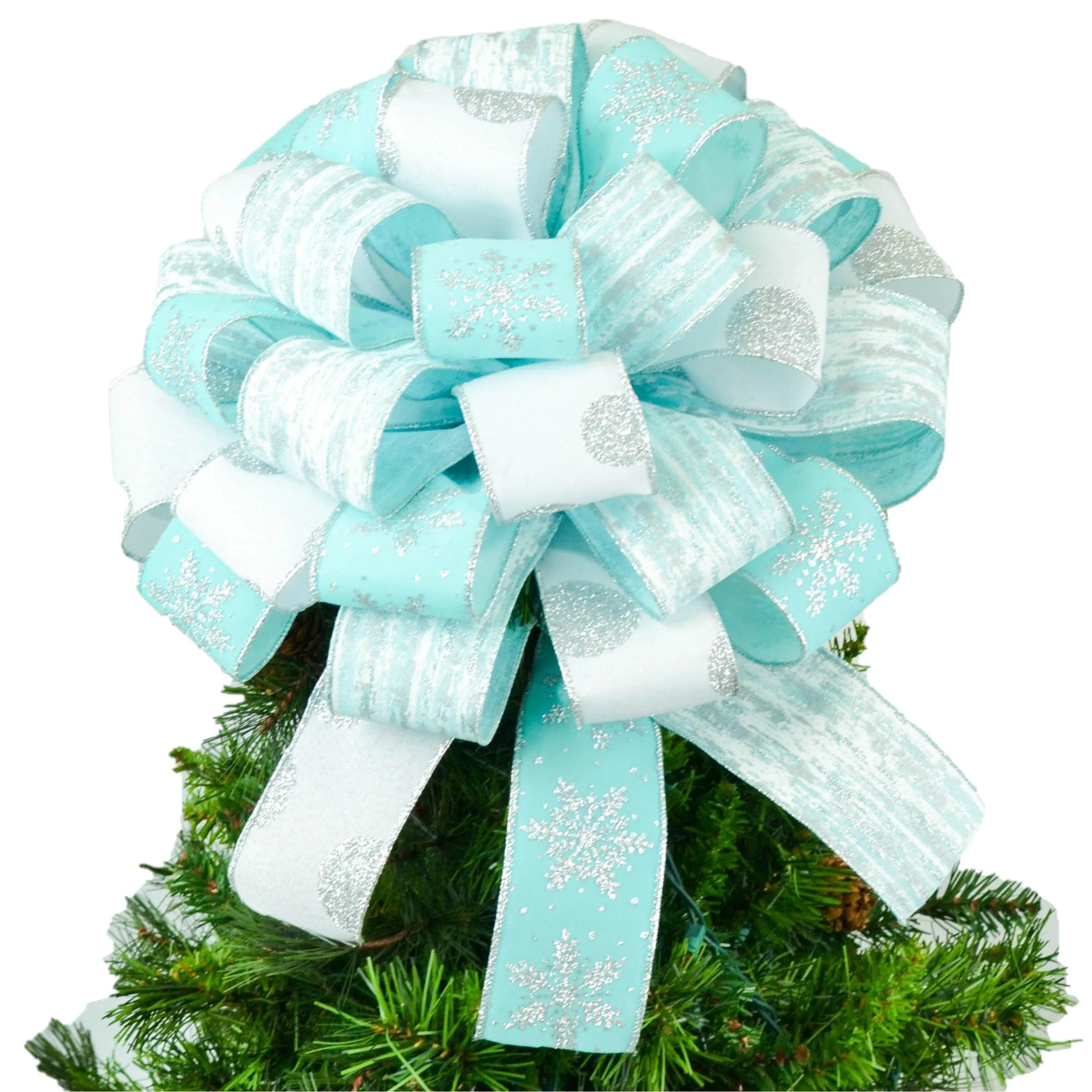 Silver White Ice Blue Bow Christmas Tree Topper - Fluffy Gift Present Bow