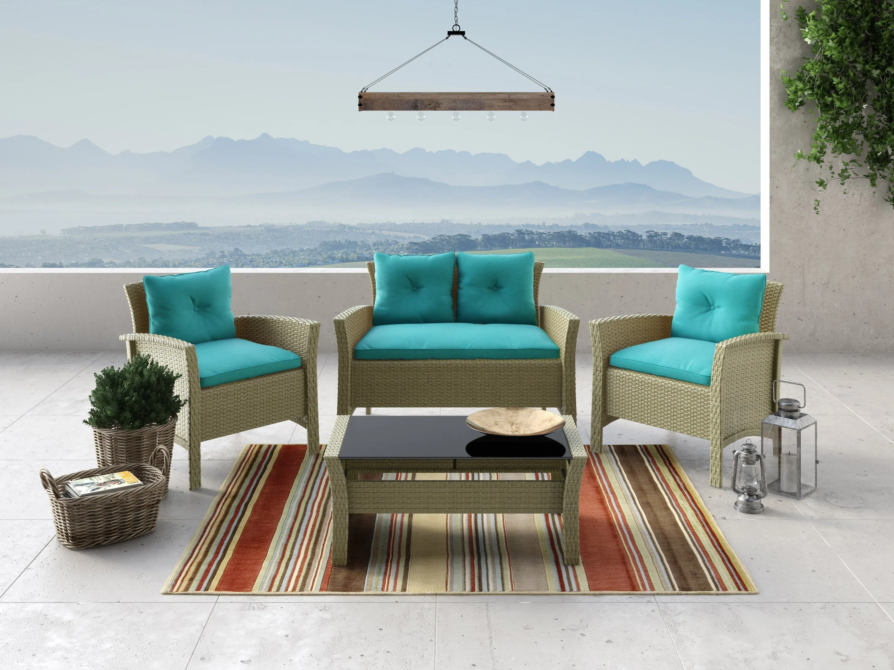 Turquoise 4 Piece Wicker Patio Set